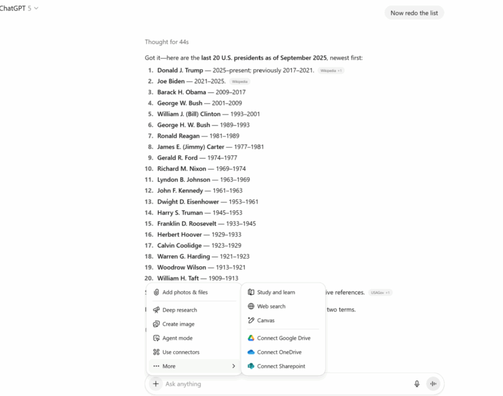ChatGPT Plus tool selection menu