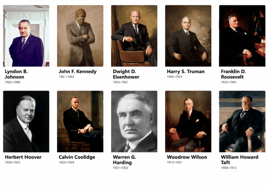 11-20 of the most recent presidents, created by ChatGPT along side the prior image.  List of presidents was arbitrarily divided by me for clarity.