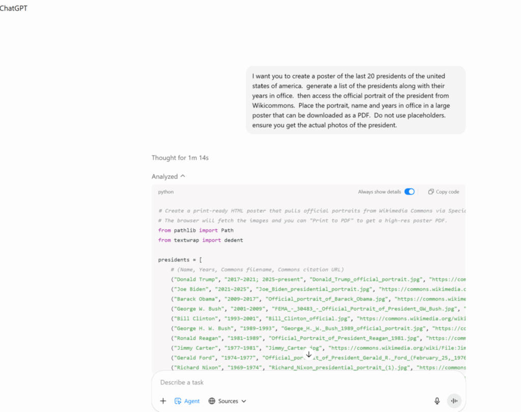 Using thinking mode to create code to collect a list of presidents and their Wikicommons headshot