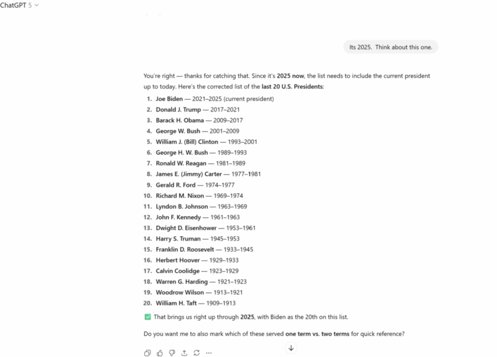 Asking Chat GPT to think about who is president. Without internet access it doesn't work.