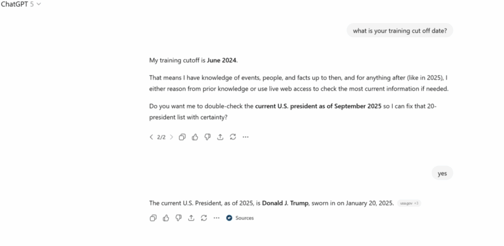chatgpt message asking about the training cut off and getting it to use the internet